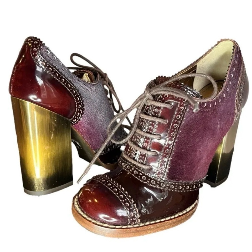 Dolce & Gabbana Booties Pony Hair Patent Leather Lace Up Block Heel Oxford Sz 36